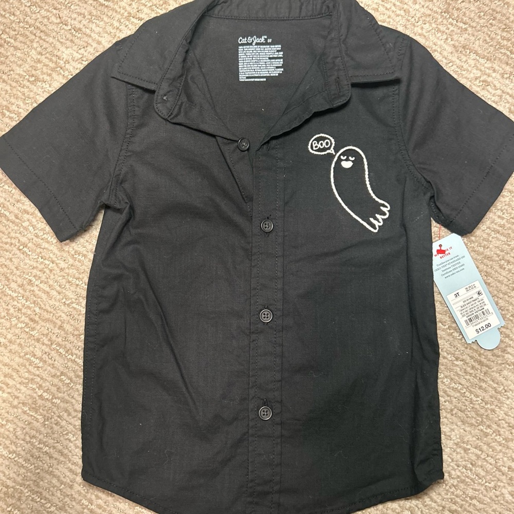 Cat & Jack Black Button Down Shirt with Ghost Embroidery